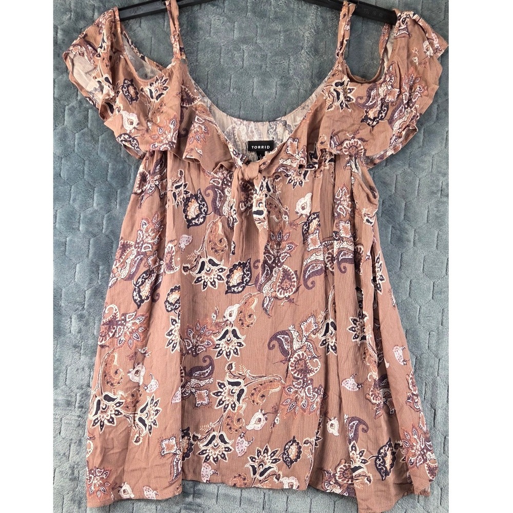 Torrid Womens Mauve Paisley Cold Shoulder Ruffle Tie Front Blouse Top Size 1